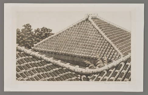 Ryohei Tanaka Etching  - Roofs of Okinawa: Artist: Tanaka, Ryohei, 1933-2019 Title: Roofs of Okinawa Edition: 71/100 Date: 1974 Medium: etching and aquatint Image Size: 9 1/4 x 15 1/4 inches Illustrat