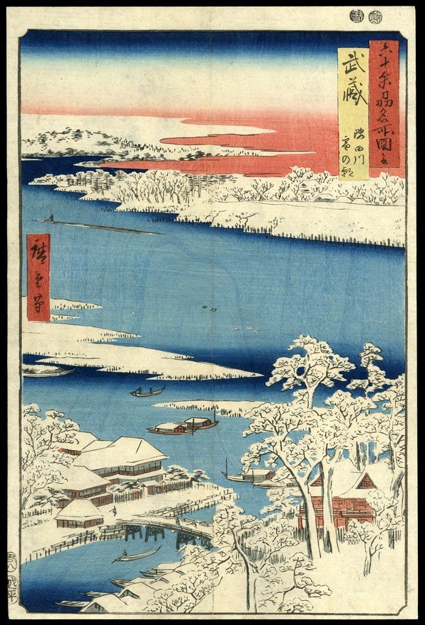 Ando Hiroshige Woodblock: Title: Snowy Morning on the Sumida River in Musashi Province Artist: Hiroshige, Ando, 1797-1858 Series: Views of the 69-Odd Provinces Plate in Series: