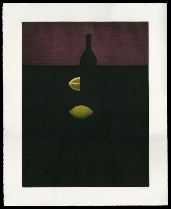 Yozo Hamaguchi Color Mezzotint: Title: Bottle with Lemons and Red Wall Artist: Hamaguchi, Yozo, 1909-2000Edition: 42/145Date: 1983-89Medium: