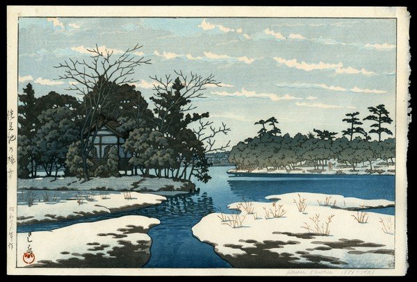 Kawase Hasui Woodblock: Title: Lingering Snow at Senzoku Pond Artist: Hasui, Kawase, 1883-1957 Date: 1951 Medium: woodblock Dimensions: