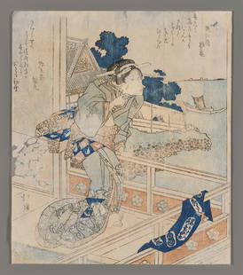 Totoya Hokkei Woodblock - Geisha Viewing the Sea: Artist: Hokkei, Totoya, 1780-1850 Title: Fukagawa Geisha Viewing the Sea from a Balcony Date: c. 1830s Medium: Japanese woodblock print Image Size: 7 7/8 x 6 3/4 inches Not