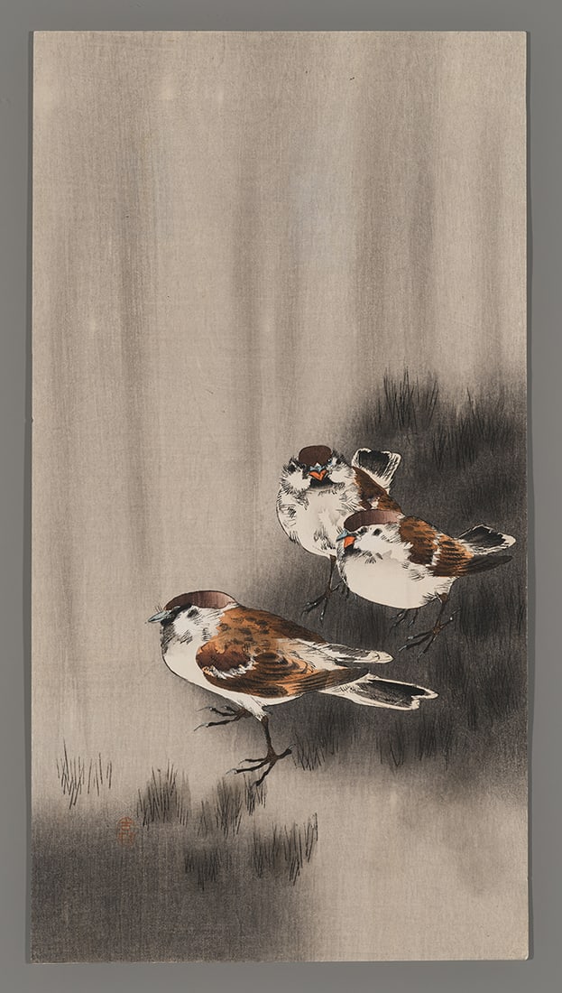 Ohara Koson Woodblock - Tree Sparrows in Rain (1 of 2)
