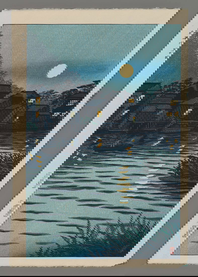 Shiro Woodblock - Rising Moon at Katase River (1 of 2)