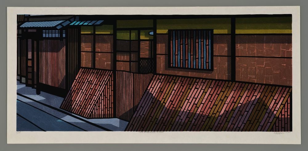 Clifton Karhu Woodblock - Late Afternoon in Gion: Artist: Karhu, Clifton, 1927-2007 Title: Late Afternoon in Gion Edition: 8/25 Date: 2001 Medium: woodblock Image Size: 13 x 30 1/2 inches Notes: Pencil s