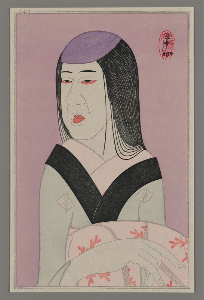Kokei Woodblock - Bando Tamasaburo V as Matsukaze: Artist: Kokei, Tsuruya, b. 1945 Title: Bando Tamasaburo V as the Fisher Girl Matsukaze in Suma no Utsushi-e Edition: 34/90 Date: 1994 Medium: woodblock Image Size: 15 x
