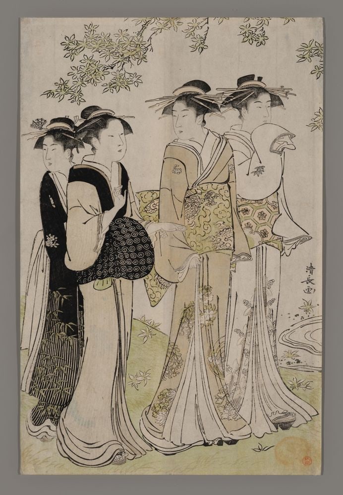 Torii Kiyonaga Woodblock - Women under Maple Leaves (1 of 2)