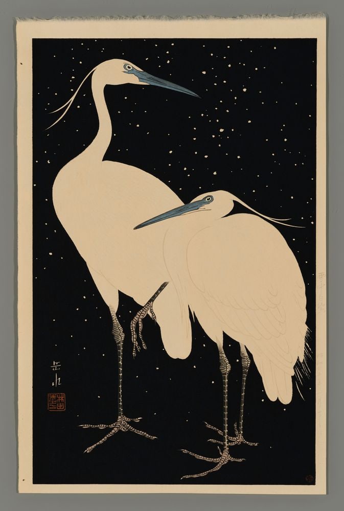 Ide Gakusui Woodblock - Two Herons on a Snowy Night (1 of 2)