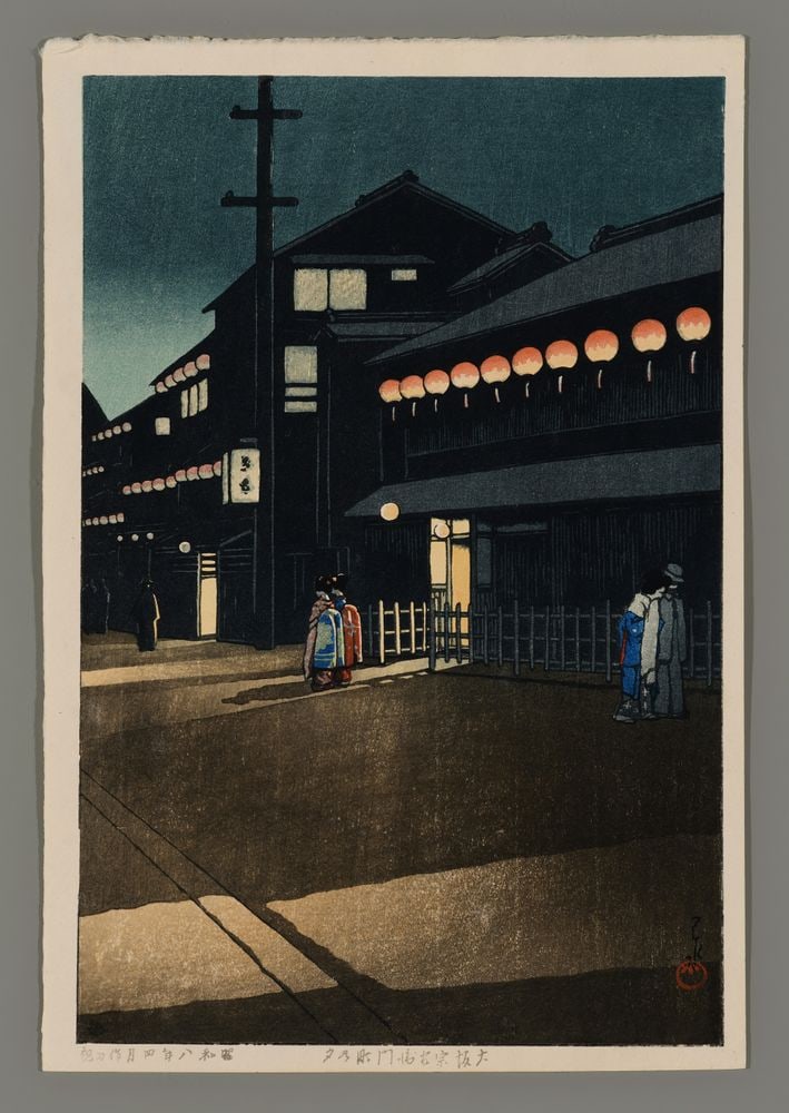 Kawase Hasui Woodblock - Evening at Soemon-cho: Artist: Hasui, Kawase, 1883-1957 Title: Evening at Soemon-cho, Osaka Series: Collection of Scenic Views of Japan II, Kansai Edition Date: 1933 Medium: woodblock Image Size: