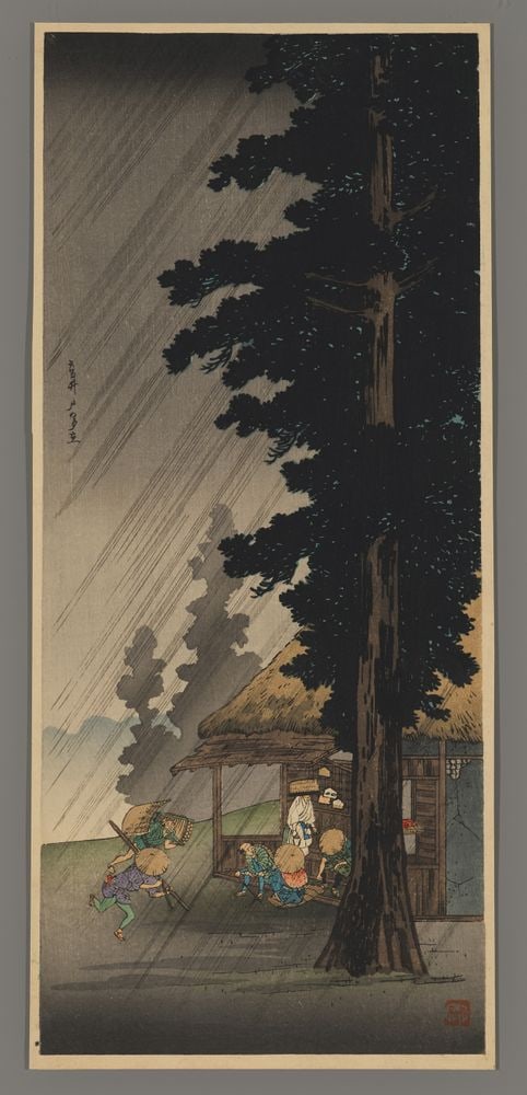 Shotei Hiroaki Woodblock - Shower at Takaido (1 of 2)