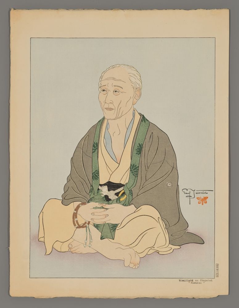 Paul Jacoulet Woodblock - Vieillard au Chapelet: Artist: Jacoulet, Paul, 1902-1960 Title: Vieillard au Chapelet, Kawadzu Edition: Kanji Edition of 150 Date: 1940 Medium: woodblock Image Size: 15 1/2 x 11 7/8 inches