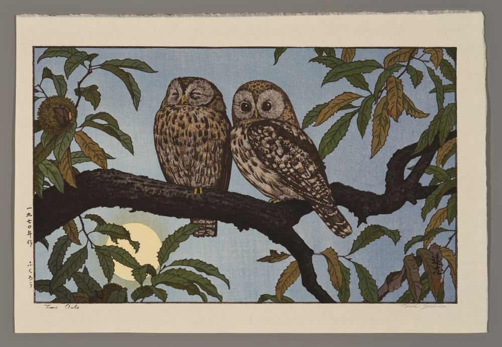 Toshi Yoshida Woodblock - Two Owls (1 of 2)
