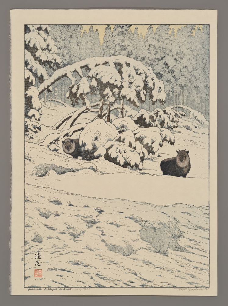 Toshi Yoshida Woodblock - Japanese Antelopes in Snow: Artist: Yoshida, Toshi, 1911-1995 Title: Japanese Antelopes in Snow Edition: 146/800 Date: 1981 Medium: woodblock Image Size: 20 x 14 1/8 inches Provenance:<