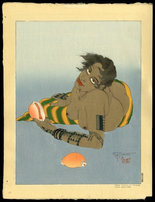 Paul Jacoulet Woodblock: Title: Femme Tatouee De Falalap. Ouest Carolines Artist: Jacoulet, Paul, 1902-1960 Edition: Kanji Edition of 150 Date: 1935 <