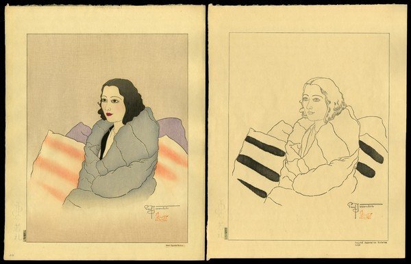 Paul Jacoulet Woodblock: Title: Beaute Japonaise Moderne. Kobe and Keyblock Outline Artist: Jacoulet, Paul, 1902-1960 Edition: Kanji Edition of 150 Date: 1934