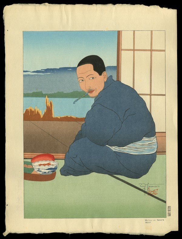 Paul Jacoulet Woodblock: Title: Pecheur De Sawara. Japon Artist: Jacoulet, Paul, 1902-1960 Edition: Elaborate PJ Seal Date: 1936 Medium: