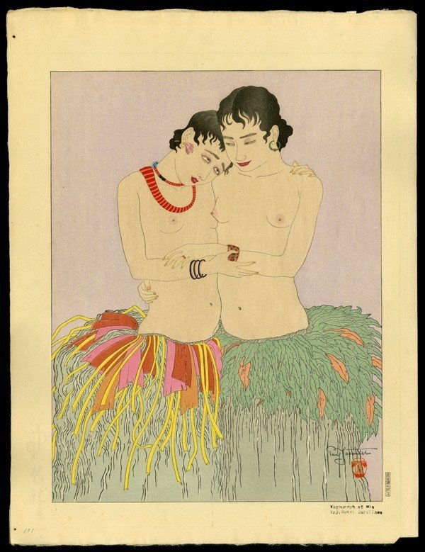 Paul Jacoulet Woodblock: Title: Yagourouh Et Mio. Yap, Ouest Carolines Artist: Jacoulet, Paul, 1902-1960 Edition: Kanji Edition of 150 Date: 1938 M
