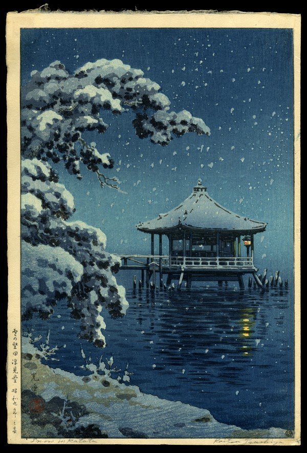Tsuchiya Koitsu Woodblock: Title: Snow at the Ukimido, Katada Artist: Koitsu, Tsuchiya, 1870-1949 Date: 1934 Medium: woodblock Dimensions: