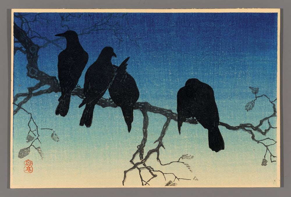 Shotei Hiroaki Woodblock - Crows on a Cold Night: Artist: Hiroaki, Shotei, 1871-1945 Title: Crows on a Cold Night Date: c. 1930s Medium: Japanese woodblock print Image Size: 4 5/8 x 7 inches Illustrated: Shotei.com, pl