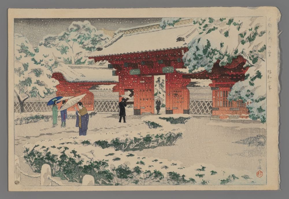 Kasamatsu Shiro Woodblock - Red Gate in Snow (1 of 2)