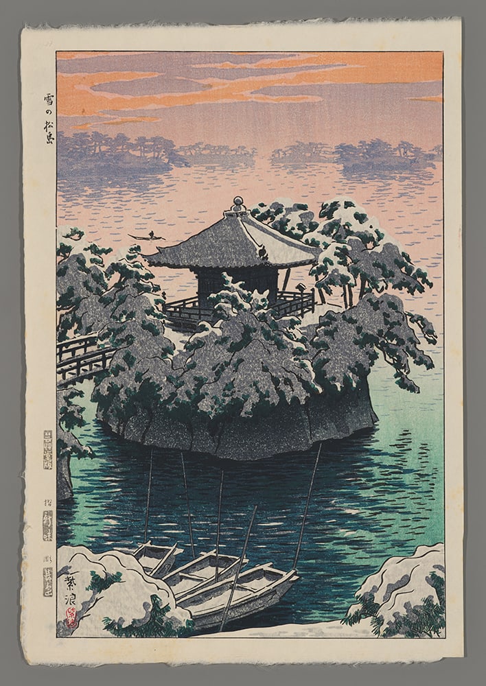 Kasamatsu Shiro Woodblock - Snow In Matsushima: Artist: Shiro, Kasamatsu, 1898-1991 Title: Snow In Matsushima Date: 1954 Medium: Japanese woodblock print Image Size: 14 3/8 x 9 1/2 inches Notes: Published by Unsodo