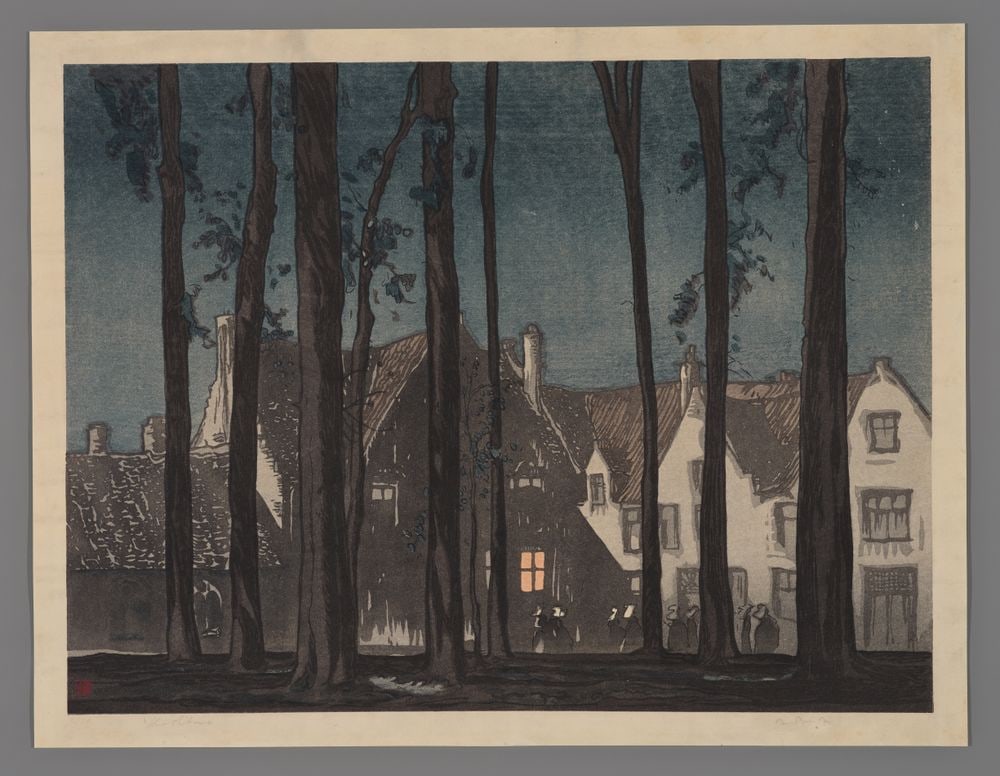 Urushibara and Brangwyn Woodblock - Monastery Belgium: Artist: Urushibara and Brangwyn Title: Monastery in Bruges, Belgium Date: c. 1920 Medium: Japanese woodblock print Image Size: 15 3/8 x 20 3/8 inches Notes: Print by Yo