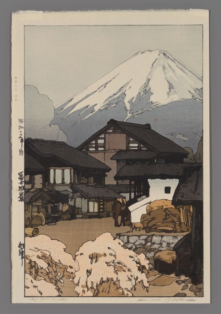 Hiroshi Yoshida Woodblock - Fuji from Funatsu: Artist: Yoshida, Hiroshi, 1876-1950 Title: Fuji from Funatsu Series: Ten Views of Mount Fuji Date: 1928 Medium: Japanese woodblock print Image Size: 14 3/4 x 9 5/8 inch