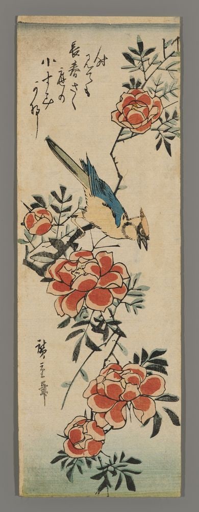 Ando Hiroshige Woodblock - Oriole and Wild Roses (1 of 2)