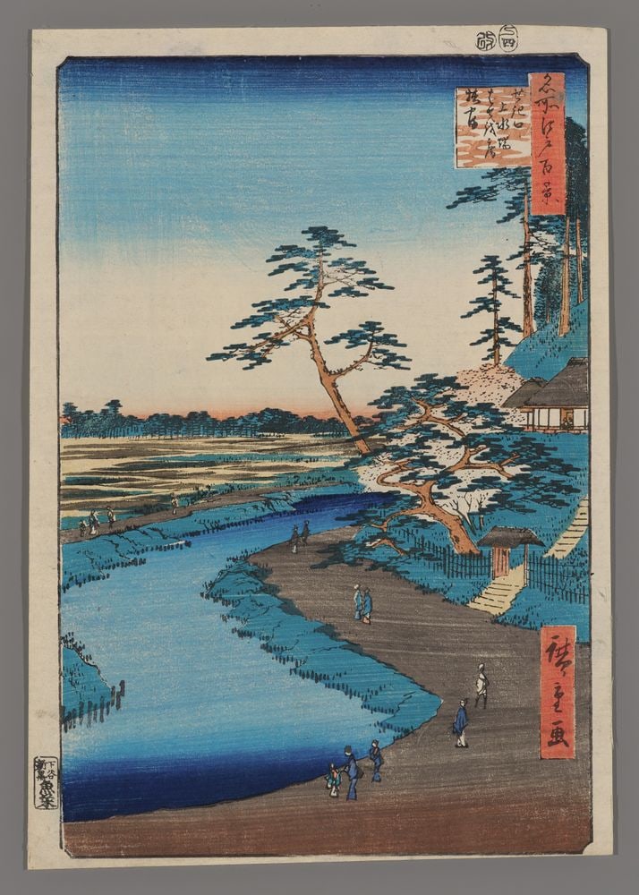 Ando Hiroshige Woodblock - Basho's Hermitage: Artist: Hiroshige, Ando, 1797-1858 Title: Basho's Hermitage and Camellia Hill on the Kanda Aqueduct at Sekiguchi Series: One Hundred Famous Views of Edo Date: 1857 Medium: Japanese wo