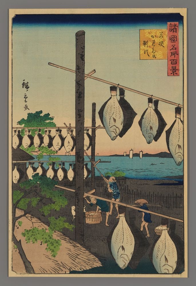 Hiroshige II Woodblock - Drying Flounder in Wakasa: Artist: Hiroshige II, Ando, 1829-1869 Title: Drying Flounder in Wakasa Province Series: One Hundred Famous Views in the Various Provinces Date: 1859 Medium: Japanese woodblock print