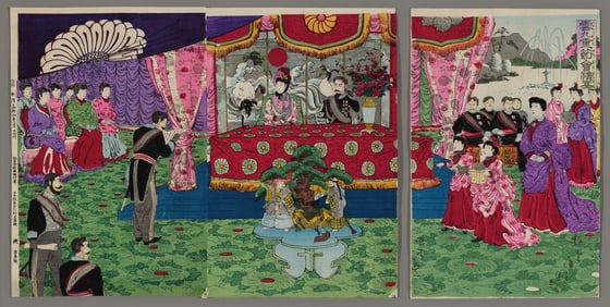 Kokunimasa Woodblock - Emperor's Anniversary Ceremony