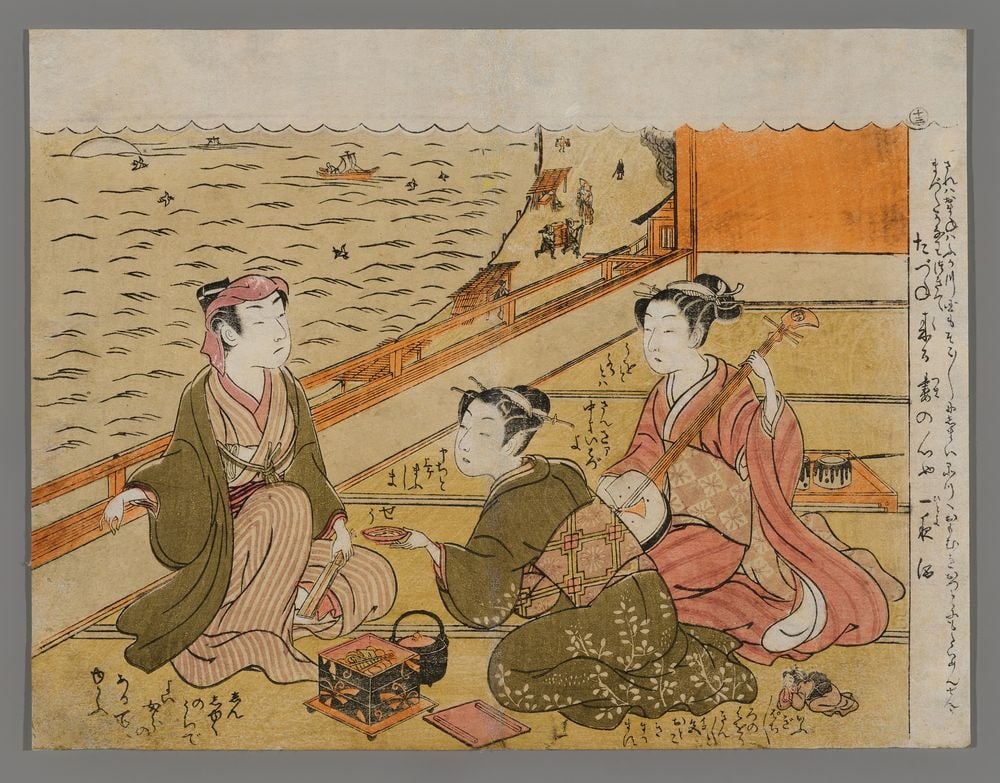 Isoda Koryusai Woodblock - Party at Shinagawa: Artist: Koryusai, Isoda, fl. c. 1764-1788 Title: Party at Shinagawa Series: Poems of the Male and Female Mane'emon Date: c. 1770 Medium: Japanese woodblock print Image Size