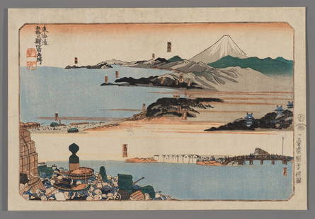 Utagawa Kuniyoshi Woodblock - Four Stations: Nihonbashi, Shinagawa, Kawasaki, and Kanagawa: Artist: Kuniyoshi, Utagawa, 1798-1861 Title: Four Stations: Nihonbashi, Shinagawa, Kawasaki, and Kanagawa Series: Famous Views of the Fifty-three Stations of the Tokaido Road Date: 1830-35 <