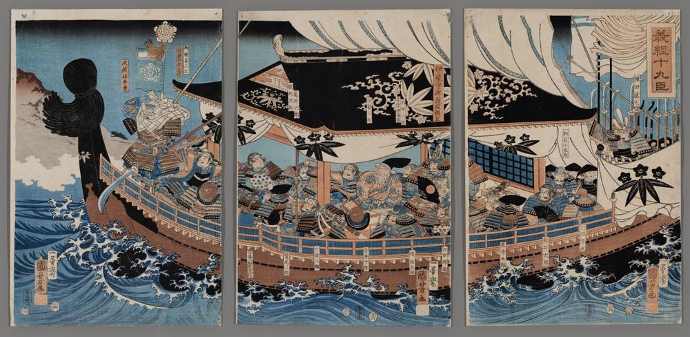 Kuniyoshi Woodblock - Nineteen Retainers of Yoshitsune: Artist: Kuniyoshi, Utagawa, 1798-1861 Title: The Nineteen Retainers of Yoshitsune Date: 1855 Medium: Japanese woodblock print Image Size: 14 1/4 x 29 1/2 inches Notes: