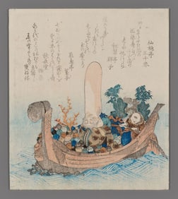 Unsigned Woodblock - Fukurukuju in a Boat