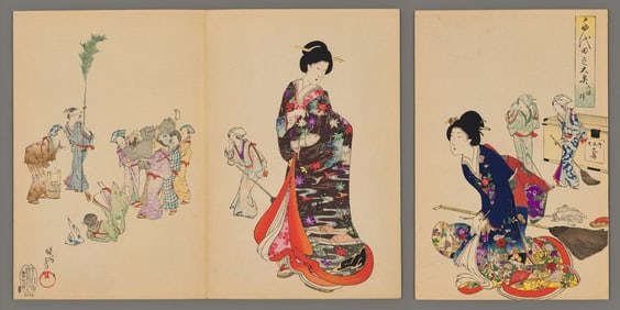 Toyohara Chikanobu Woodblock - Sweeping the Soot