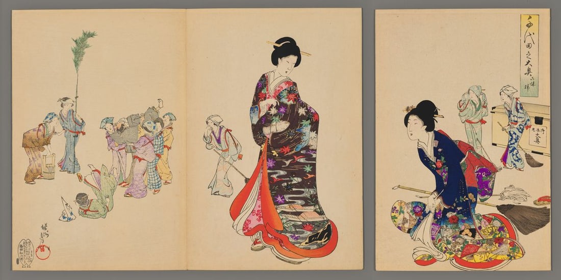 Toyohara Chikanobu Woodblock - Sweeping the Soot