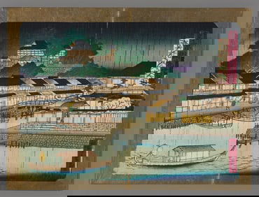 Hiroshige III Woodblock - Night Rain at Matsuchiyama