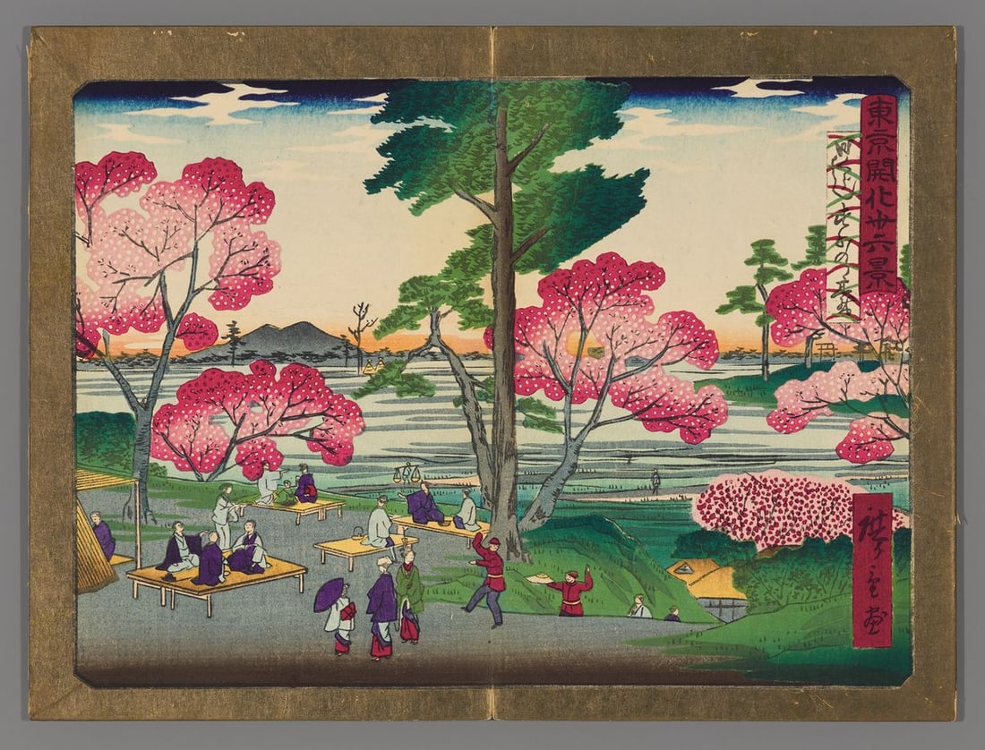 Hiroshige III Woodblock - Spring Day in Suwanodai: Artist: Hiroshige III, Ando, 1843-1894 Title: A Spring Day in Suwanodai Series: Thirty-six Views of Modern Tokyo Date: 1874 Medium: woodblock Image Size: 6 3/8 x 8 3/4
