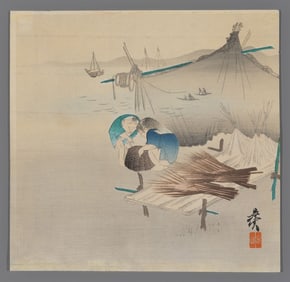 Shibata Zeshin Woodblock - Fishing Village Boys