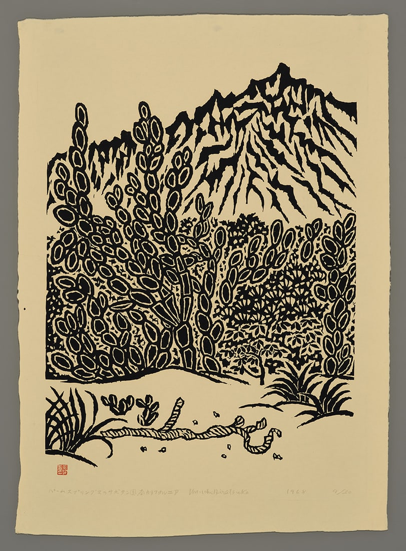 Hiratsuka Woodblock - Cactus Garden in Palm Springs: Artist: Hiratsuka, Un'ichi, 1895-1997 Title: Cactus Garden in Palm Springs Edition: 9/20 Date: 1968 Medium: woodblock Image Size: 27 x 20 1/8 inches Notes:</