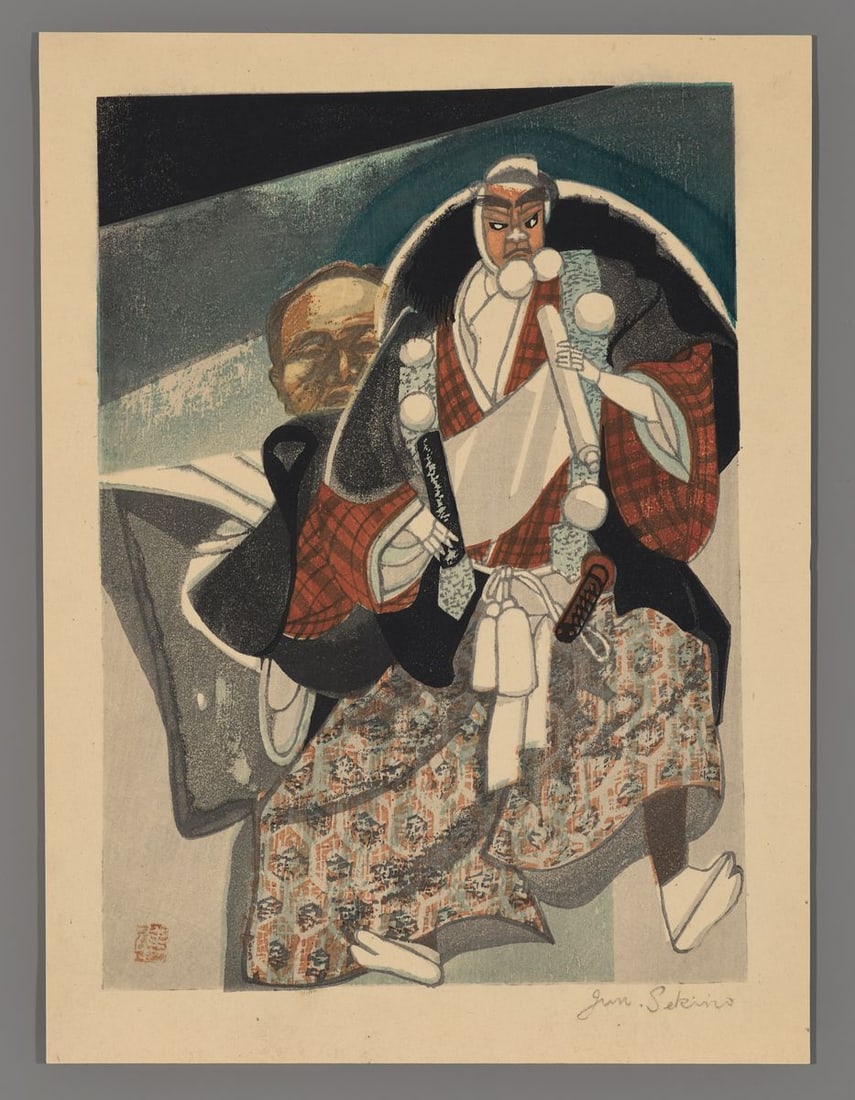 Jun'ichiro Sekino Woodblock - Bunraku Puppet Theater of Kanjincho (1 of 2)