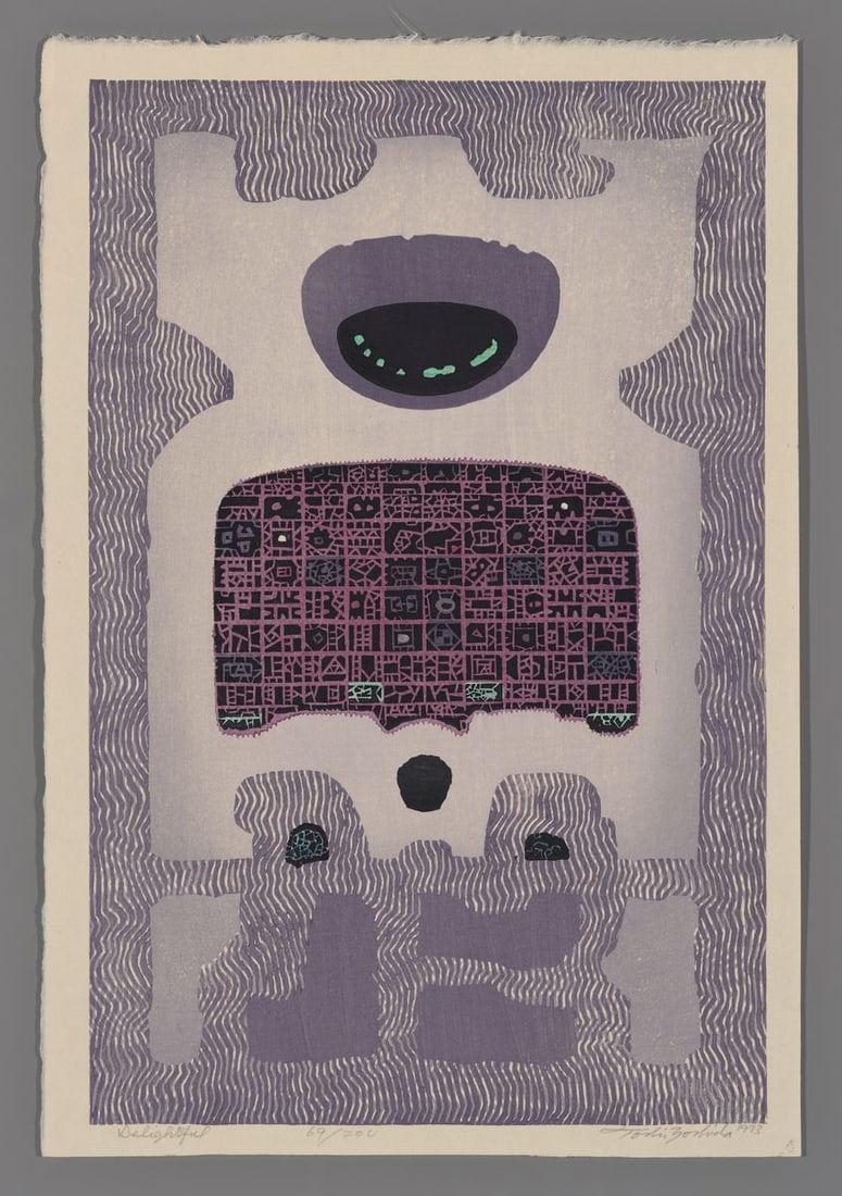 Toshi Yoshida Woodblock - Delightful: Artist: Yoshida, Toshi, 1911-1995 Title: Delightful Edition: 69/200 Date: 1973 Medium: woodblock Image Size: 14 1/2 x 9 1/2 inches Illustrated: Toshi, pl