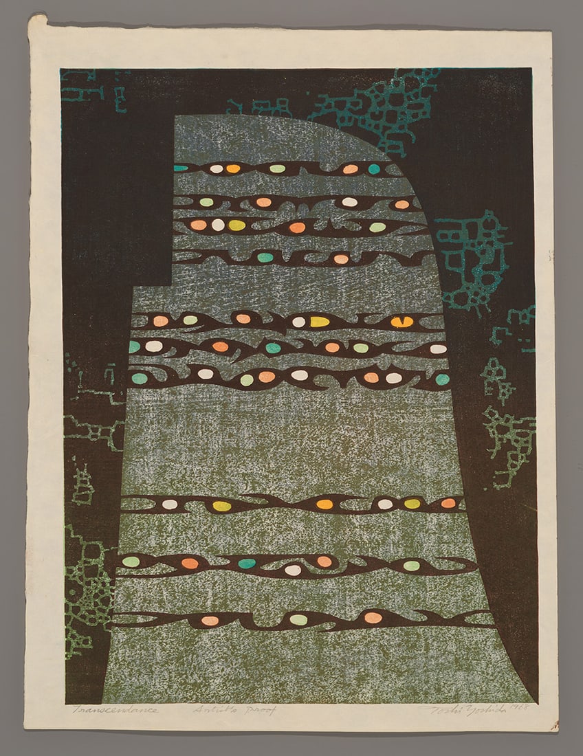 Toshi Yoshida Woodblock - Transcendence: Artist: Yoshida, Toshi, 1911-1995 Title: Transcendence Edition: Artist's Proof Date: 1968 Medium: woodblock Image Size: 19 1/2 x 14 1/2 inches Illustrated:</