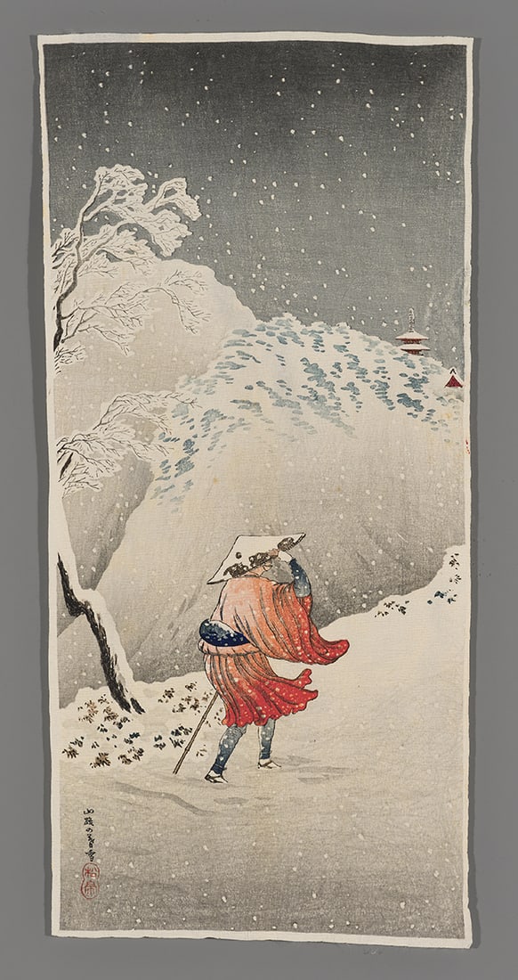 Shotei Hiroaki Woodblock - Priest in the Snow: Artist: Hiroaki, Shotei, 1871-1945 Title: Priest in the Snow on Mountain Path Date: c. 1930s Medium: Japanese woodblock print Image Size: 11 1/2 x 5 1/2 inches Sheet Size:<