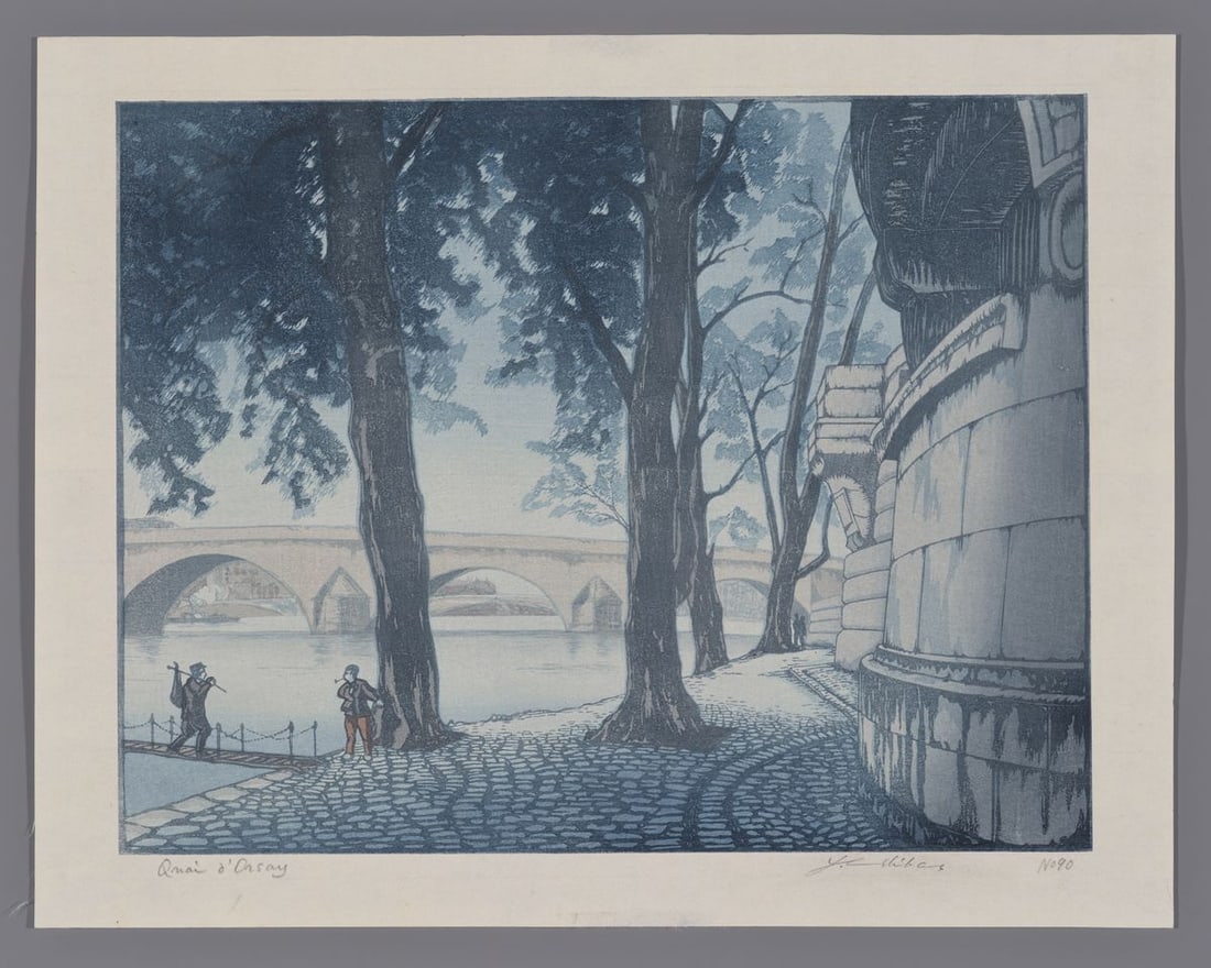 Mokuchu Urushibara Woodblock - Quai d'Orsay, Paris: Artist: Urushibara, Mokuchu (Yoshijiro), 1888-1953 Title: Quai d'Orsay, Paris Date: c. 1920s Medium: Japanese woodblock print Image Size: 9 1/2 x 12 1/4 inches Sheet Size:<