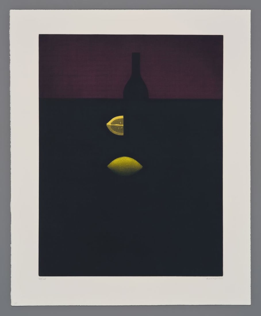Yozo Hamaguchi Color Mezzotint - Bottle with Lemons and Red Wall (1 of 2)