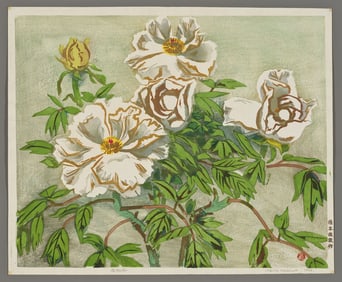Okiie Hashimoto Woodblock - White Peonies