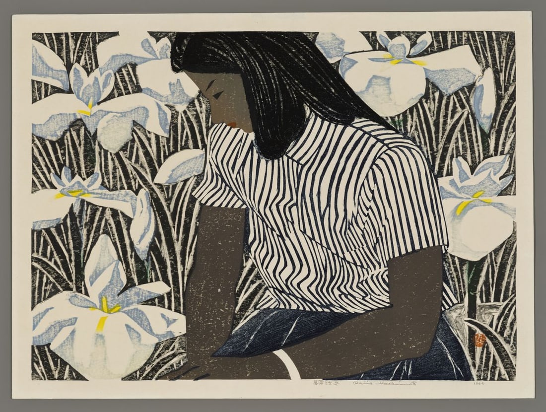 Okiie Hashimoto Woodblock - Girl and Iris (1 of 2)