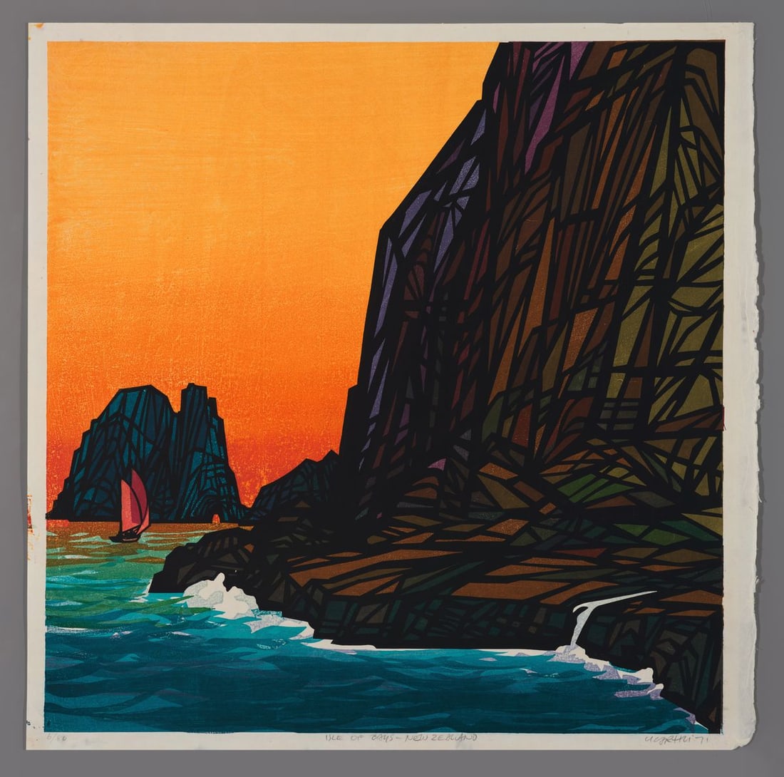 Clifton Karhu Woodblock - Isle of Bays - New Zealand: Artist: Karhu, Clifton, 1927-2007 Title: Isle of Bays - New Zealand Edition: 6/80 Date: 1971 Medium: Japanese woodblock print Image Size: 22 1/2 x 21 7/8 inches