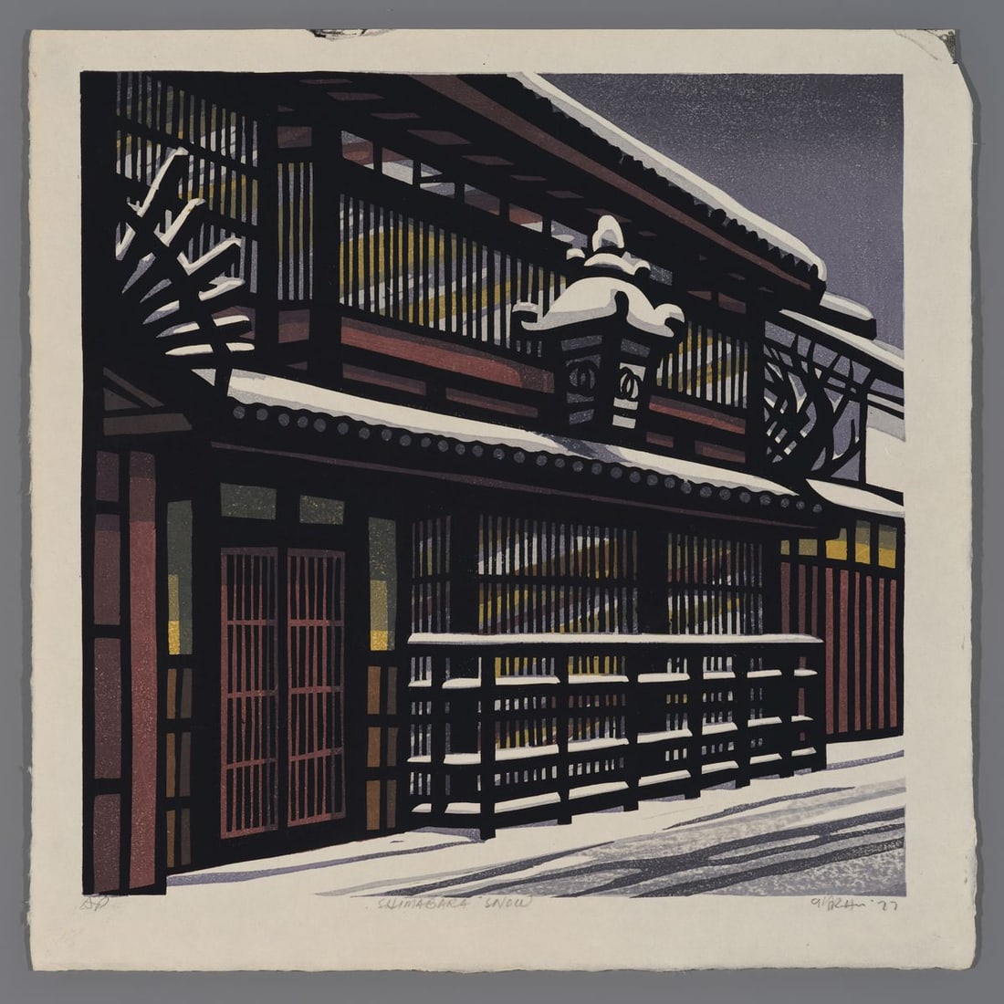 Clifton Karhu Woodblock - Shimbara Snow: Artist: Karhu, Clifton, 1927-2007 Title: Shimbara Snow Edition: AP Date: 1977 Medium: Japanese woodblock print Image Size: 16 x 16 inches Sheet Size: 19
